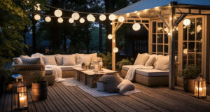 A furnished patio with couches gazebo and lighting