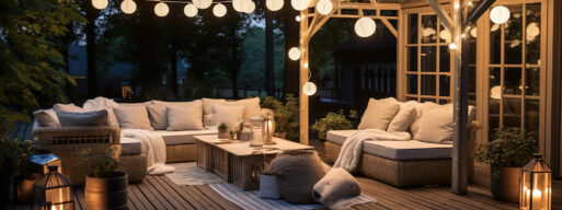 A furnished patio with couches gazebo and lighting