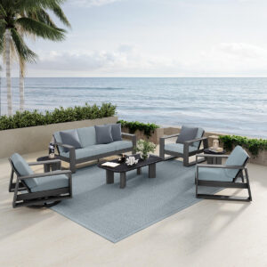 Ebel-Novara Seating Smoke + Forano Table Bases Smoke + Aspen Onyx Topx